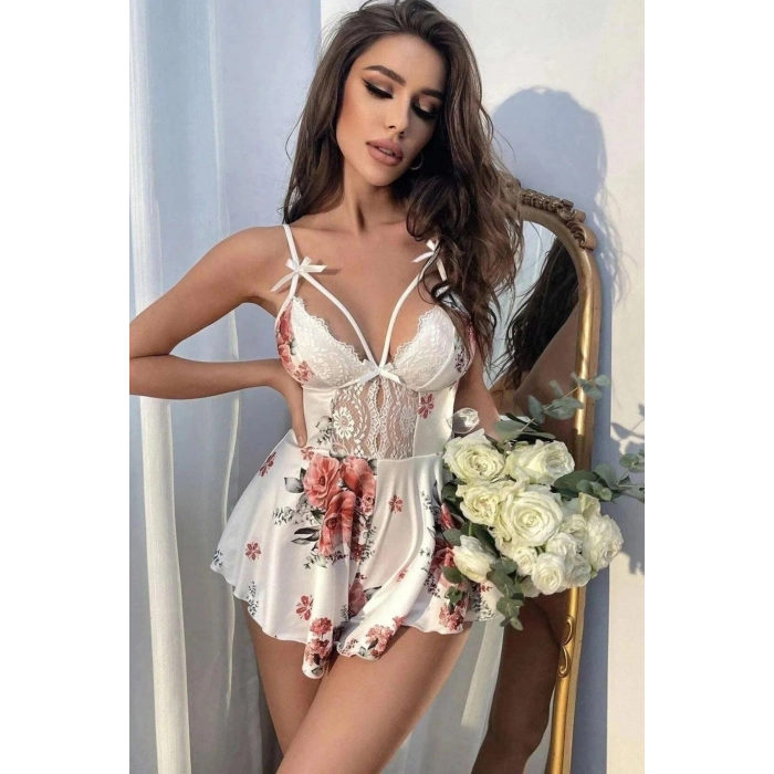 Özel Üretim Erotik Seksi Şık Rahat Mikro Üstüne Çiçek Baskılı Dantelli Babydoll Fantezi Gecelik