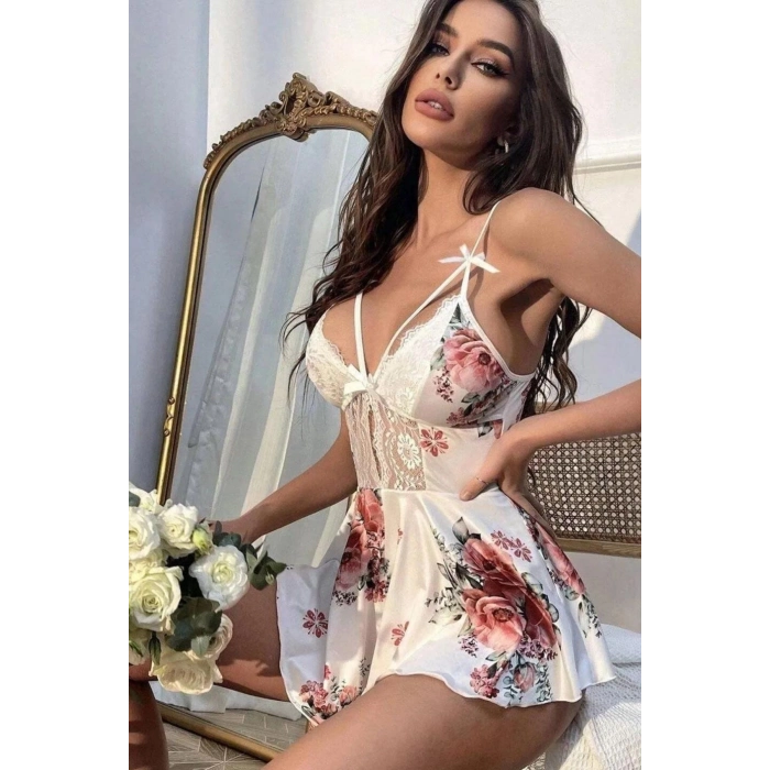 Özel Üretim Erotik Seksi Şık Rahat Mikro Üstüne Çiçek Baskılı Dantelli Babydoll Fantezi Gecelik