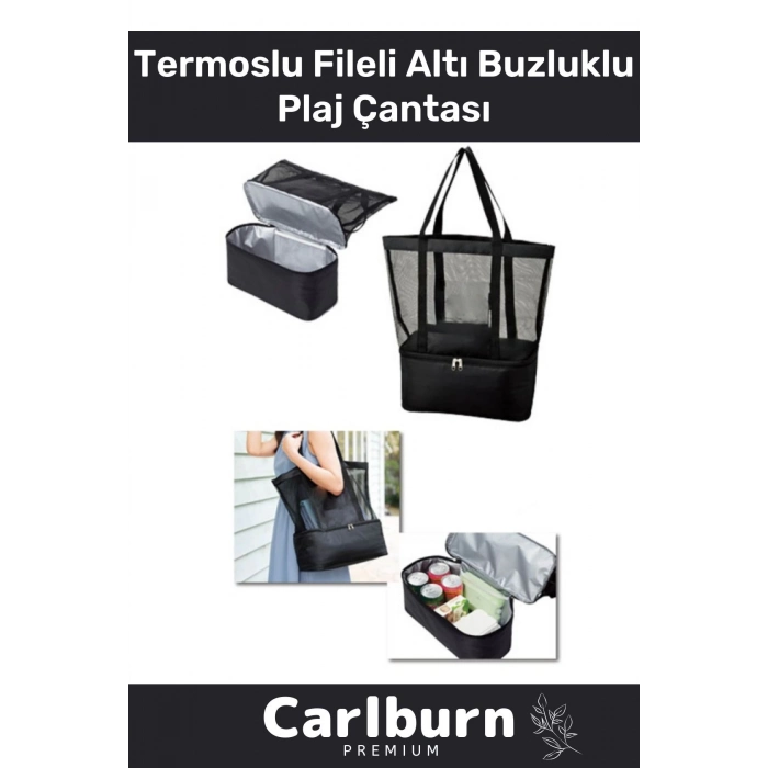 Premium Yaz Plaj Kamp Piknik İçecek Et Tavuk Serin Tutan Termoslu Fileli Altı Buzluklu Plaj Çantası