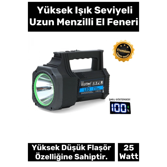 Premium 5200mAh Bataryalı 3 Modlu 21cm Uzunluk Beyaz Aydınlatma 25W Led Şarjlı El Feneri