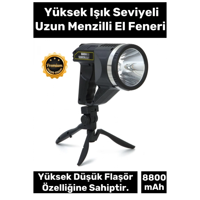 Premium 5 Modlu 8800 mAh Beyaz Aydınlatmalı 18.5cm Uzunluk Askılı Tripod Şarjlı Güvenlik Feneri