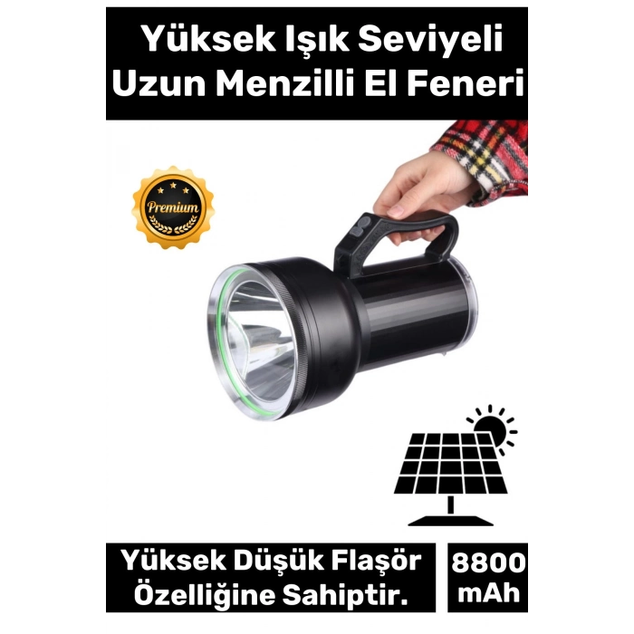 Premium 5 Modlu GT Led Taşınabilir Beyaz Işık 8800 mAh Akülü 23cm Güneş Solar Ledli Fener Aydınlatma