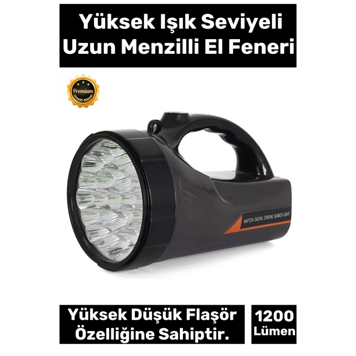 Premium 3 Modlu Beyaz Işıklı 75W Şarjlı Taşıma Askılı 300 Metre Mesafe 1200 Lümen 25 Ledli El Feneri