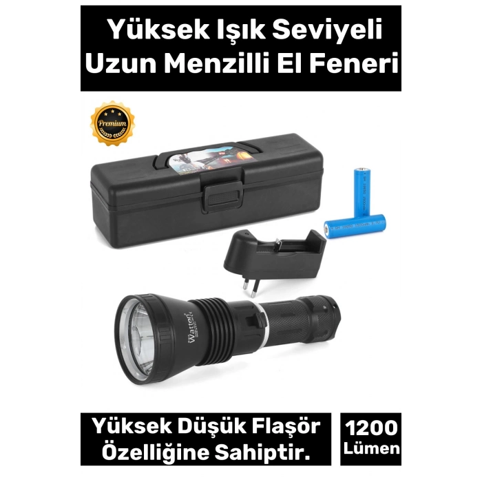 Premium 750m Mesafeli Beyaz Aydınlatma 1200 Lümen Profesyonel Şarjlı El Feneri