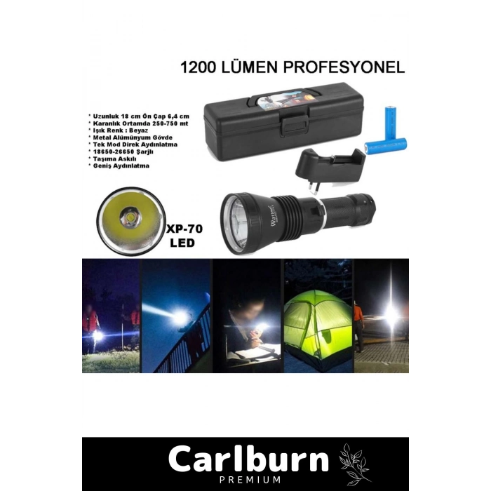 Premium 750m Mesafeli Beyaz Aydınlatma 1200 Lümen Profesyonel Şarjlı El Feneri