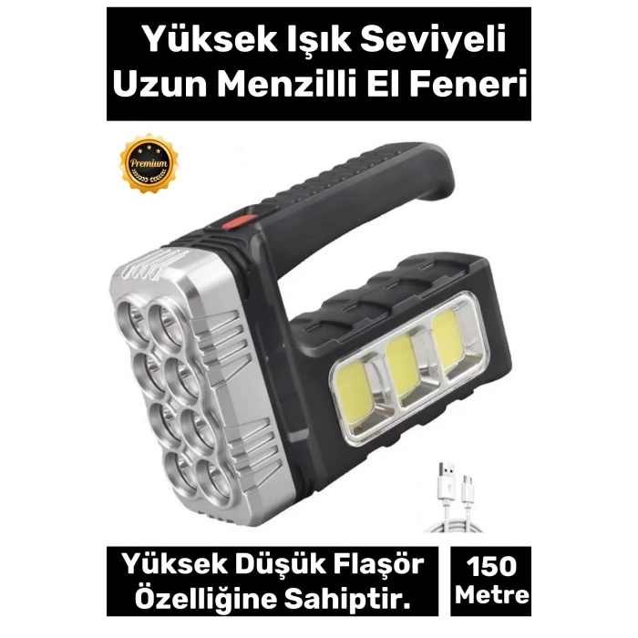 Premium 3 Modlu 150 Metre Mesafeli Işık Usb Şarjlı Solar Panelli Ledli El Fener Aydınlatma