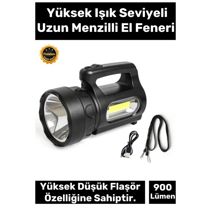Premium 3 Modlu Beyaz Aydınlatma Işık 250 Metre Mesafeli 1200mAh Pil 900 Lümen Ultra Güçlü El Feneri