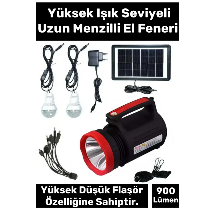 Premium Beyaz Aydınlatmalı Telefon Şarj Edilen Solar Güneş Enerji Fener Işıldak 2 Florasan Led Ampül