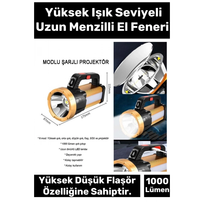 Premium Beyaz Aydınlatmalı 150 Metre Mesafeli 1200 mAh Pil 6 Mod Şarjlı EL Feneri Projektör Tipi