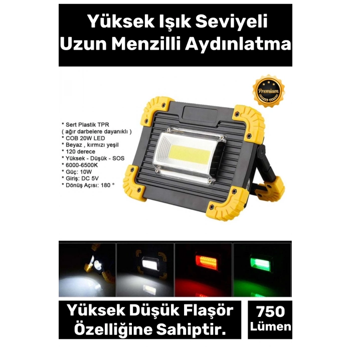 Premium 3 Mod Su Geçirmez 180 Derece Dönebilen 4400 Lityhum Pil 750 Lümen Powerbank Şarjlı Işıldak