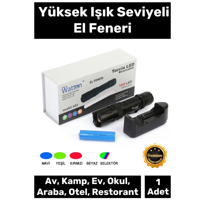 Premium 500 Metre Menzilli Şarj Edilebilir 10W 2000 Lümen 4 Renk Güçlü El Feneri