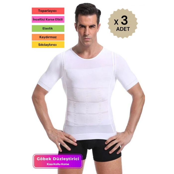 Bel Göğüs Dik Duruş Jinekomasti Toparlayıcı Erkek Göbek Sıkılaştırıcı Kısa Kol Korse Atlet 3 Adet