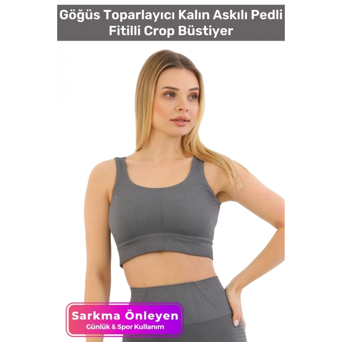 Özel Üretim Göğüs Toparlayıcı Sarkma Önleyen Spor Günlük Kalın Askılı Pedli Fitilli Crop Büstiyer