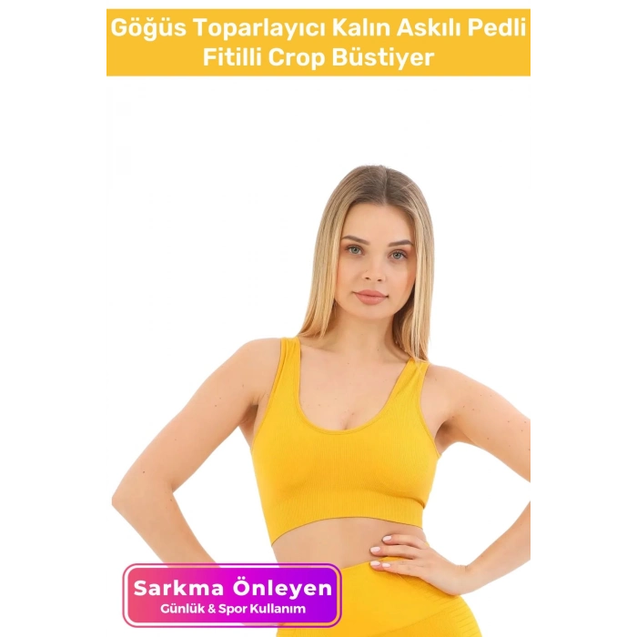Özel Üretim Göğüs Toparlayıcı Sarkma Önleyen Spor Günlük Kalın Askılı Pedli Fitilli Crop Büstiyer