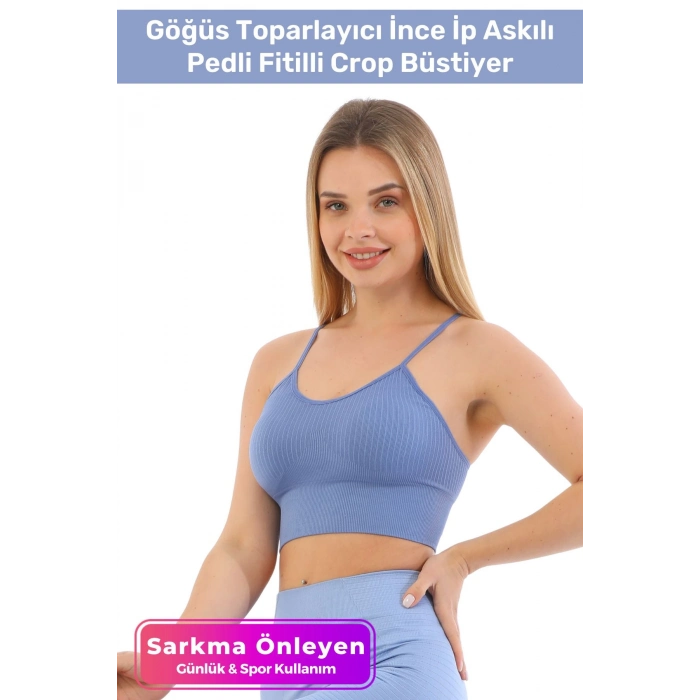 Özel Üretim Göğüs Toparlayıcı Sarkma Önleyen Spor Günlük İnce İp Askılı Pedli Fitilli Crop Büstiyer