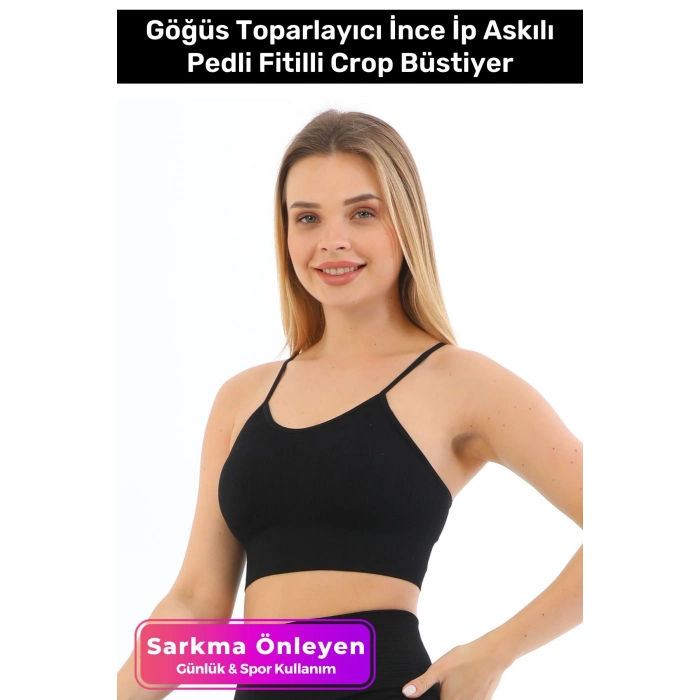 Özel Üretim Göğüs Toparlayıcı Sarkma Önleyen Spor Günlük İnce İp Askılı Pedli Fitilli Crop Büstiyer