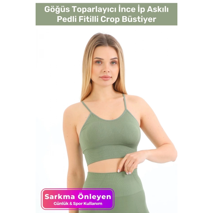 Özel Üretim Göğüs Toparlayıcı Sarkma Önleyen Spor Günlük İnce İp Askılı Pedli Fitilli Crop Büstiyer