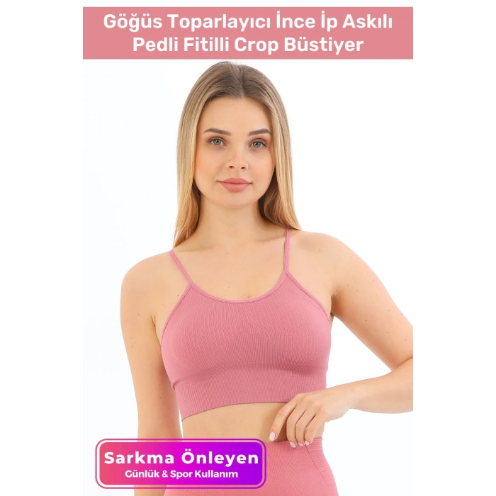 Özel Üretim Göğüs Toparlayıcı Sarkma Önleyen Spor Günlük İnce İp Askılı Pedli Fitilli Crop Büstiyer
