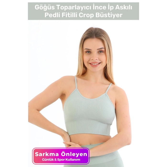 Özel Üretim Göğüs Toparlayıcı Sarkma Önleyen Spor Günlük İnce İp Askılı Pedli Fitilli Crop Büstiyer
