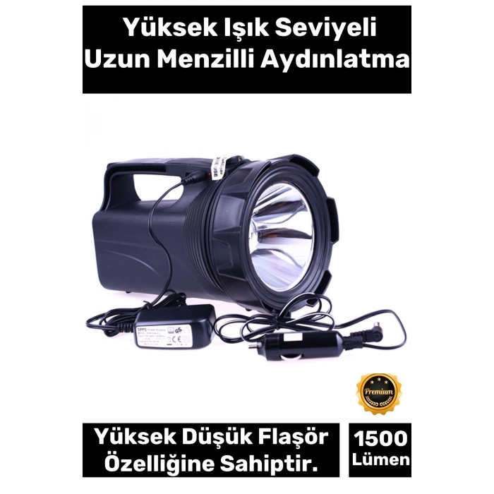 Premium 2 Modlu 1500 Lümen 500 Metre Menzilli Şarjlı Askılı Profesyonel 30 W Gücünde Avcı Feneri