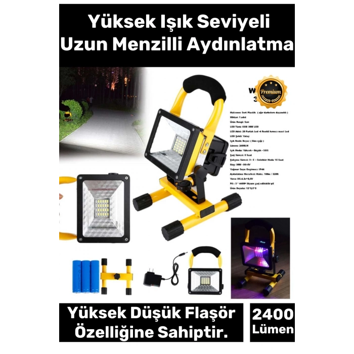 Premium 2400 Lümen IP44 Su Geçirmez 4400 Lityum Pil 100 Metre Menzilli Şarjlı Spot Lamba Projektör