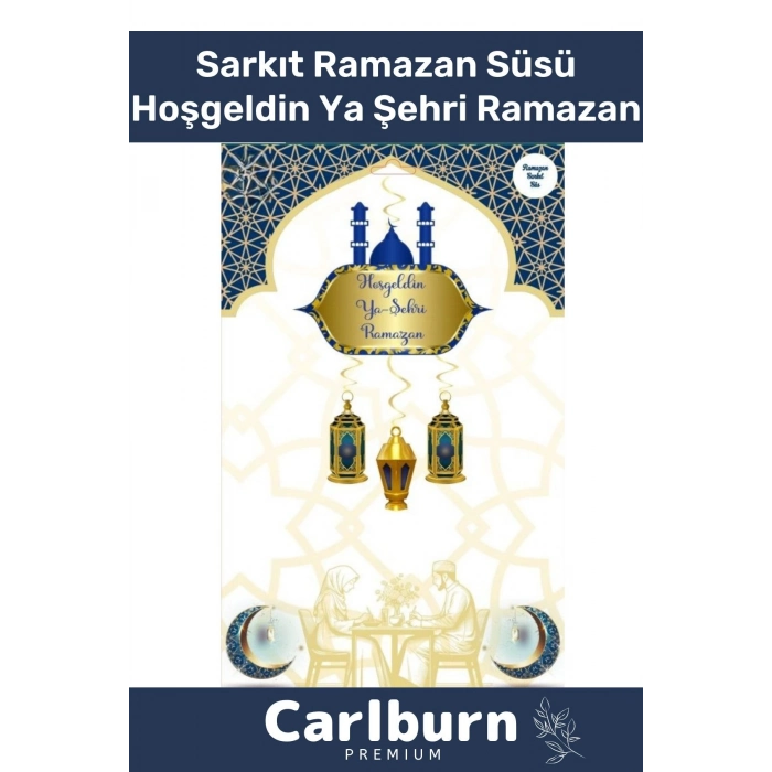 Osmanlı Motifli Manevi 4 Parça Motifli Sarkıt Ramazan Süsü Lacivert Hoşgeldin Ya Şehri Ramazan