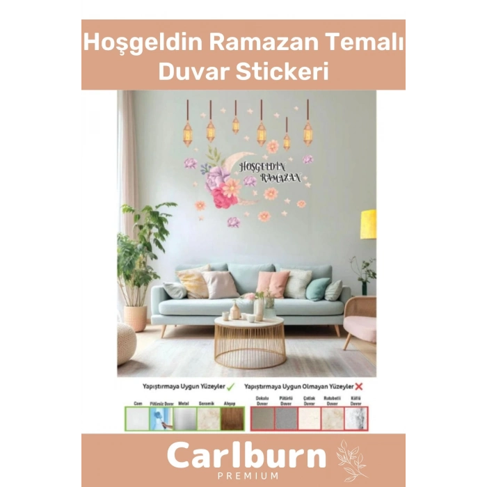 Premium Yapıştırılabilir Çıkarılabilir Çiçek Motifli Hoşgeldin Ramazan Figürlü Temalı Duvar Stickeri