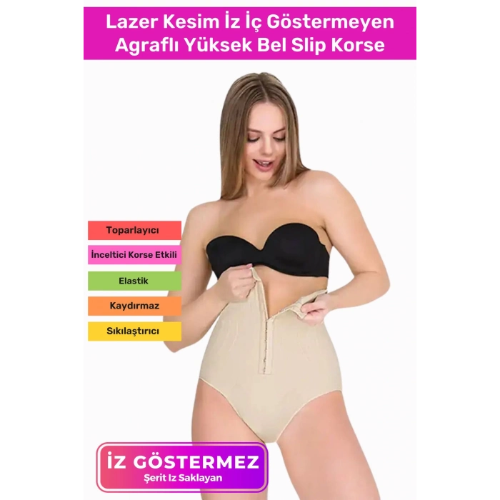 Premium Kaymaz Vücut Şekillendiren Toparlayıcı Sıkılaştırıcı Çıtçıtlı Agraflı Yüksek Bel Slip Korse