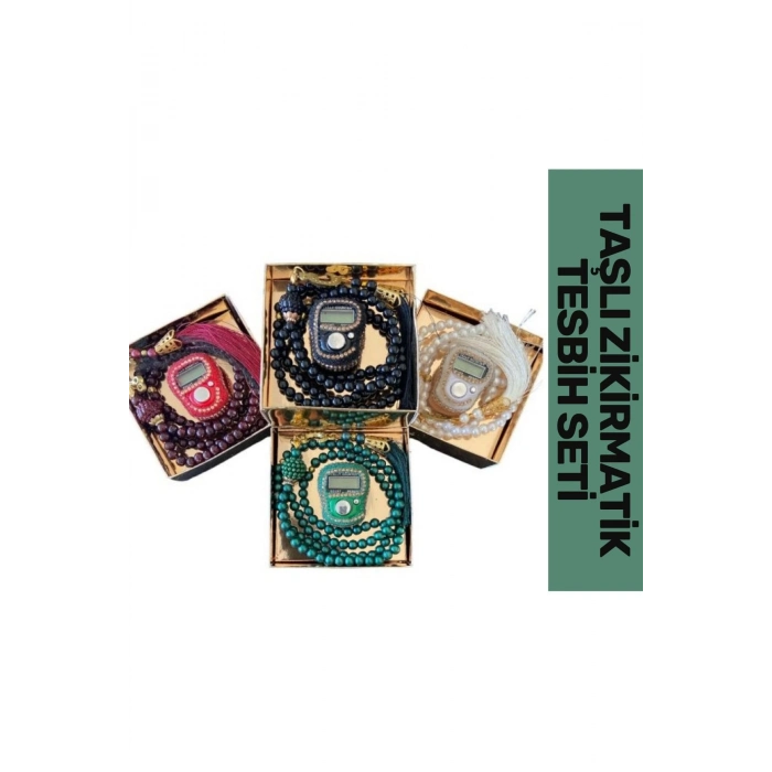 Özel Üretim Hac Umre Dua Kandil 5 Haneli Lcd Ekranlı Hafızalı Taşlı Zikirmatik 99lu İnci Tesbih Set