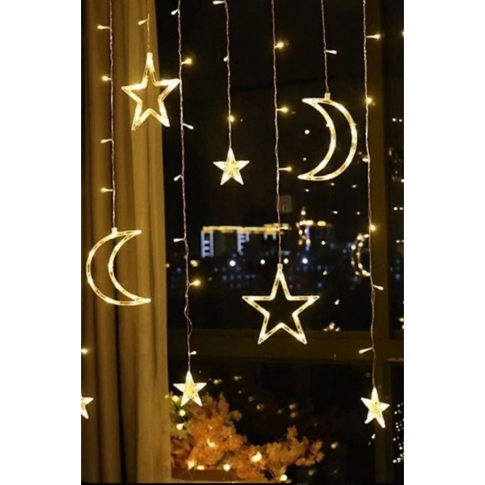 Özel Üretim 8 Fonksiyonlu Fişli Uzatma Kablolu Gün Işığı 6 Saçaklı 12 Adet Ay Yıldız Perde Led 3m