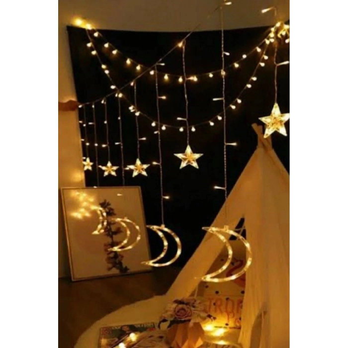 Özel Üretim 8 Fonksiyonlu Fişli Uzatma Kablolu Gün Işığı 6 Saçaklı 12 Adet Ay Yıldız Perde Led 3m