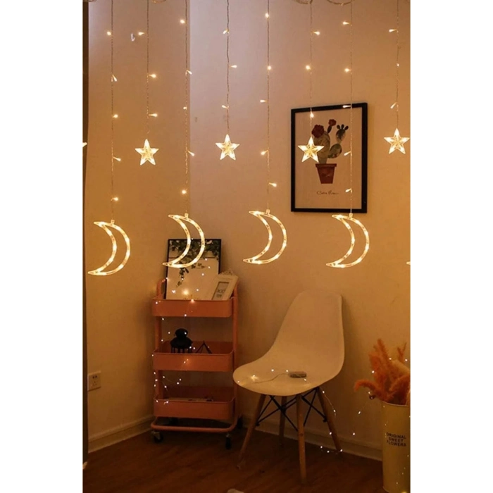 Özel Üretim 8 Fonksiyonlu Fişli Uzatma Kablolu Gün Işığı 6 Saçaklı 12 Adet Ay Yıldız Perde Led 3m