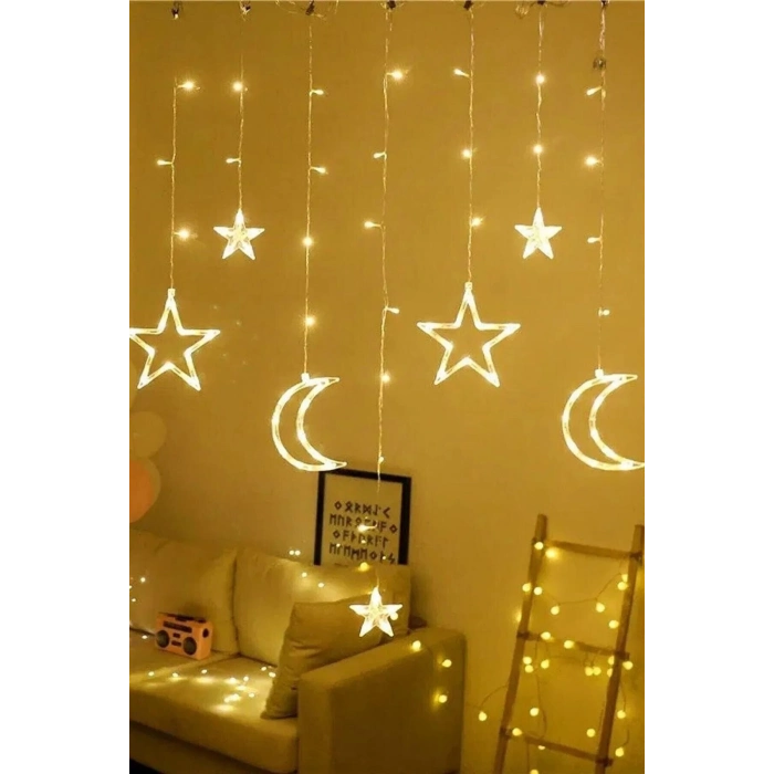 Özel Üretim 8 Fonksiyonlu Fişli Uzatma Kablolu Gün Işığı 6 Saçaklı 12 Adet Ay Yıldız Perde Led 3m