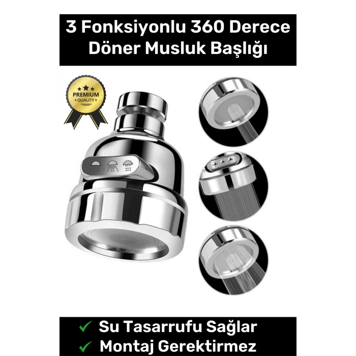 Ayarlanabilir Sert Plastik Krom 3 Fonksiyonlu 360 Derece Döner Tasarruflu Lavabo Başlığı Musluk Ucu