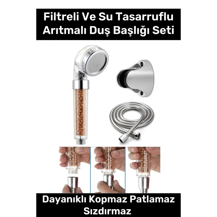 Paslanmaz Filtreli Su Tasarruflu Arıtmalı Duş Başlığı Doğal Taş Boncuklu Başlık Hortum Mafsal Seti