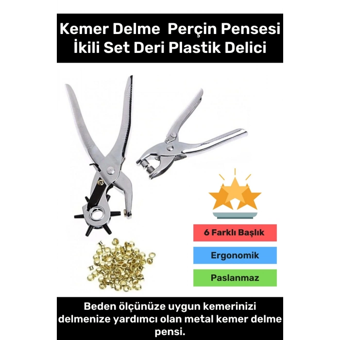 Premium 6 Farklı Başlık Uçlu Pratik Delgeç Kemer Delme Perçin Pensesi İkili Set Deri Plastik Delici