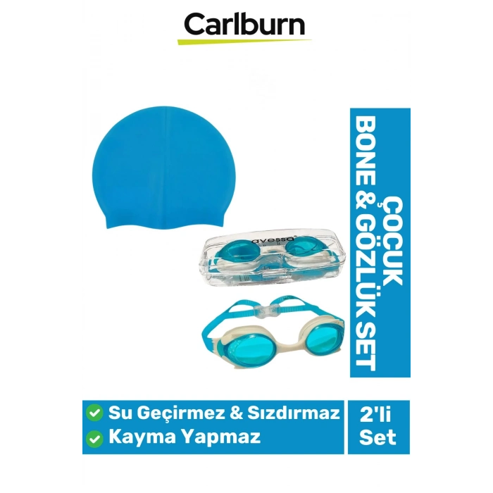 Kaymaz Su Geçirmez Silikon Yüzücü Elastik Yüzme Şapkası Havuz Deniz Bone Gözlük 2’li Çocuk Seti