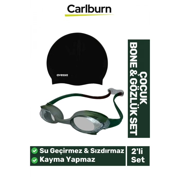 Kaymaz Su Geçirmez Silikon Yüzücü Elastik Yüzme Şapkası Havuz Deniz Bone Gözlük 2’li Çocuk Seti