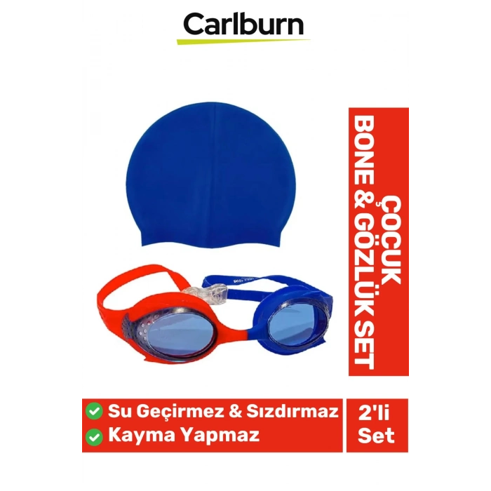 Kaymaz Su Geçirmez Silikon Yüzücü Elastik Yüzme Şapkası Havuz Deniz Bone Gözlük 2’li Çocuk Seti