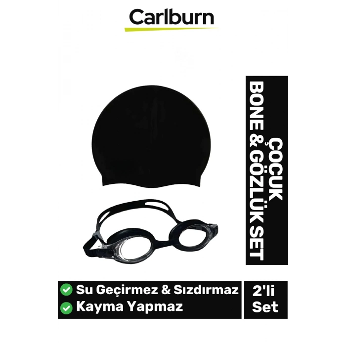 Kaymaz Su Geçirmez Silikon Yüzücü Elastik Yüzme Şapkası Havuz Deniz Bone Gözlük 2’li Çocuk Seti