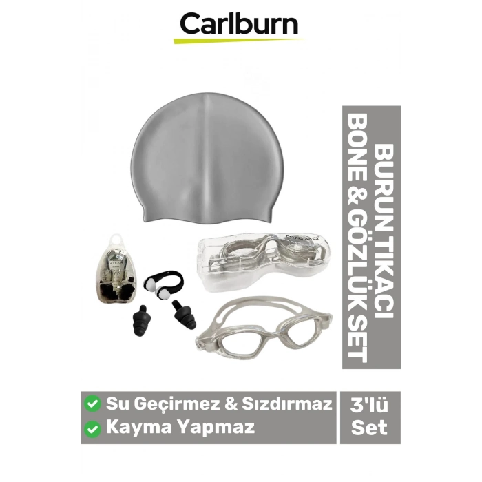 Su Geçirmez Silikon Havuz Deniz Bone Şapkası Yüzücü Gözlüğü Elastik Burun Tıkacı 3’lü Yetişkin Seti