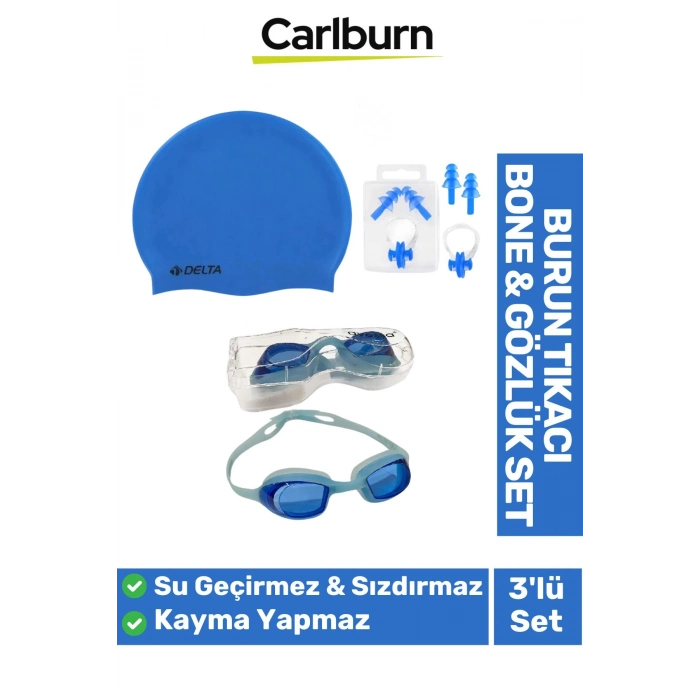 Su Geçirmez Silikon Havuz Deniz Bone Şapkası Yüzücü Gözlüğü Elastik Burun Tıkacı 3’lü Yetişkin Seti