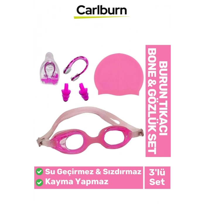 Su Geçirmez Silikon Havuz Deniz Bone Şapkası Yüzücü Gözlüğü Elastik Burun Tıkacı 3’lü Çocuk Seti