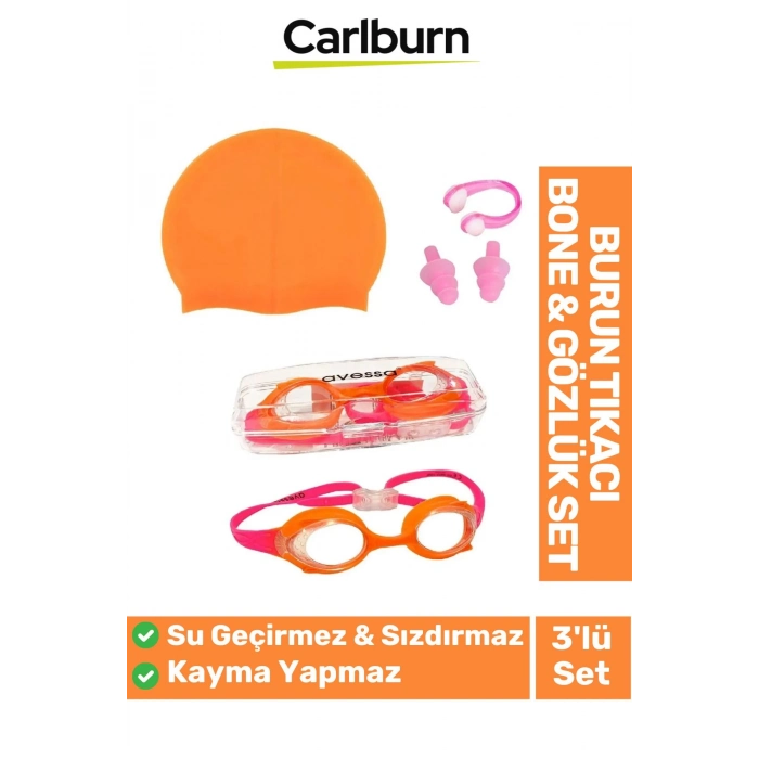Su Geçirmez Silikon Havuz Deniz Bone Şapkası Yüzücü Gözlüğü Elastik Burun Tıkacı 3’lü Çocuk Seti