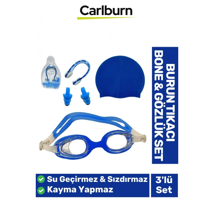 Su Geçirmez Silikon Havuz Deniz Bone Şapkası Yüzücü Gözlüğü Elastik Burun Tıkacı 3’lü Çocuk Seti