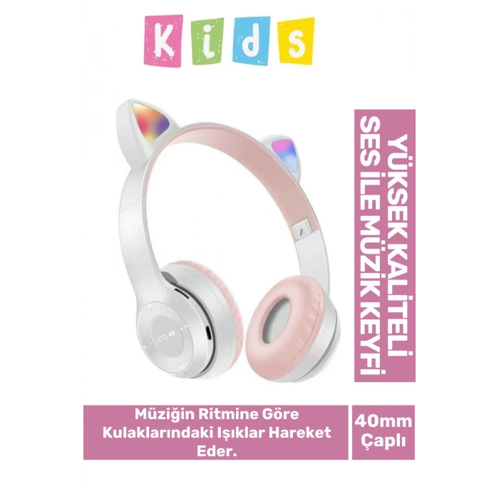 Gürültü Engelleyen Kız Erkek Çocuk Kedi Kulaklı Işıklı Mikrofonlu Kablosuz Bluetooth Kedili Kulaklık