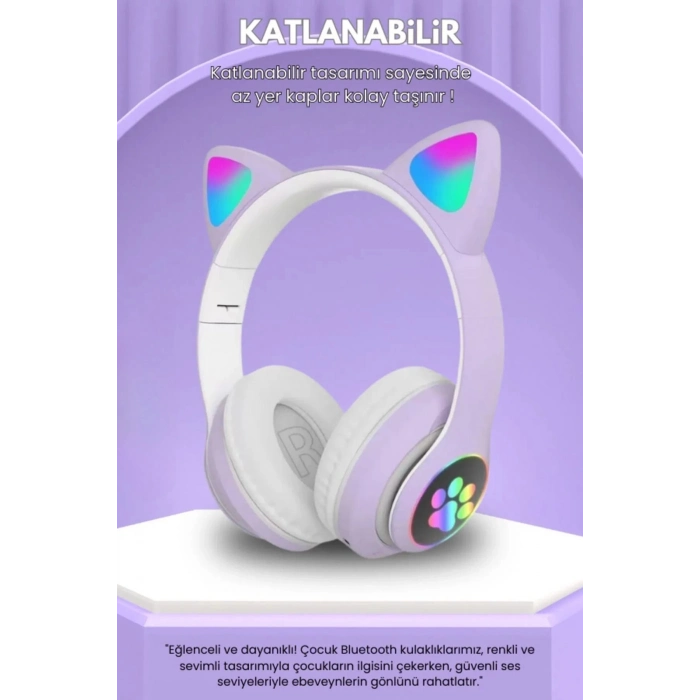 Gürültü Engelleyen Kız Erkek Çocuk Kedi Kulaklı Işıklı Mikrofonlu Kablosuz Bluetooth Kedili Kulaklık