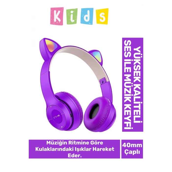 Gürültü Engelleyen Kız Erkek Çocuk Kedi Kulaklı Işıklı Mikrofonlu Kablosuz Bluetooth Kedili Kulaklık