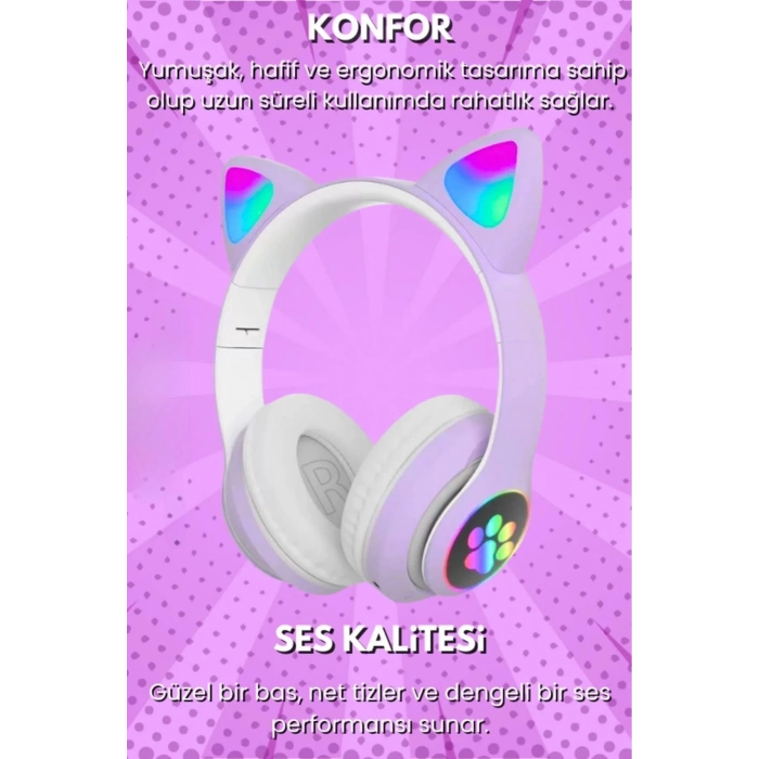 Gürültü Engelleyen Kız Erkek Çocuk Kedi Kulaklı Işıklı Mikrofonlu Kablosuz Bluetooth Kedili Kulaklık
