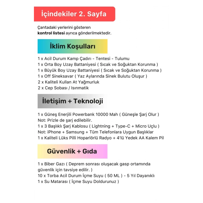 Lüks Premium Solar Paket Tam Kapsamlı Hazır Deprem Yangın Çantası İlk Yardım Acil Durum Yaşam Kiti
